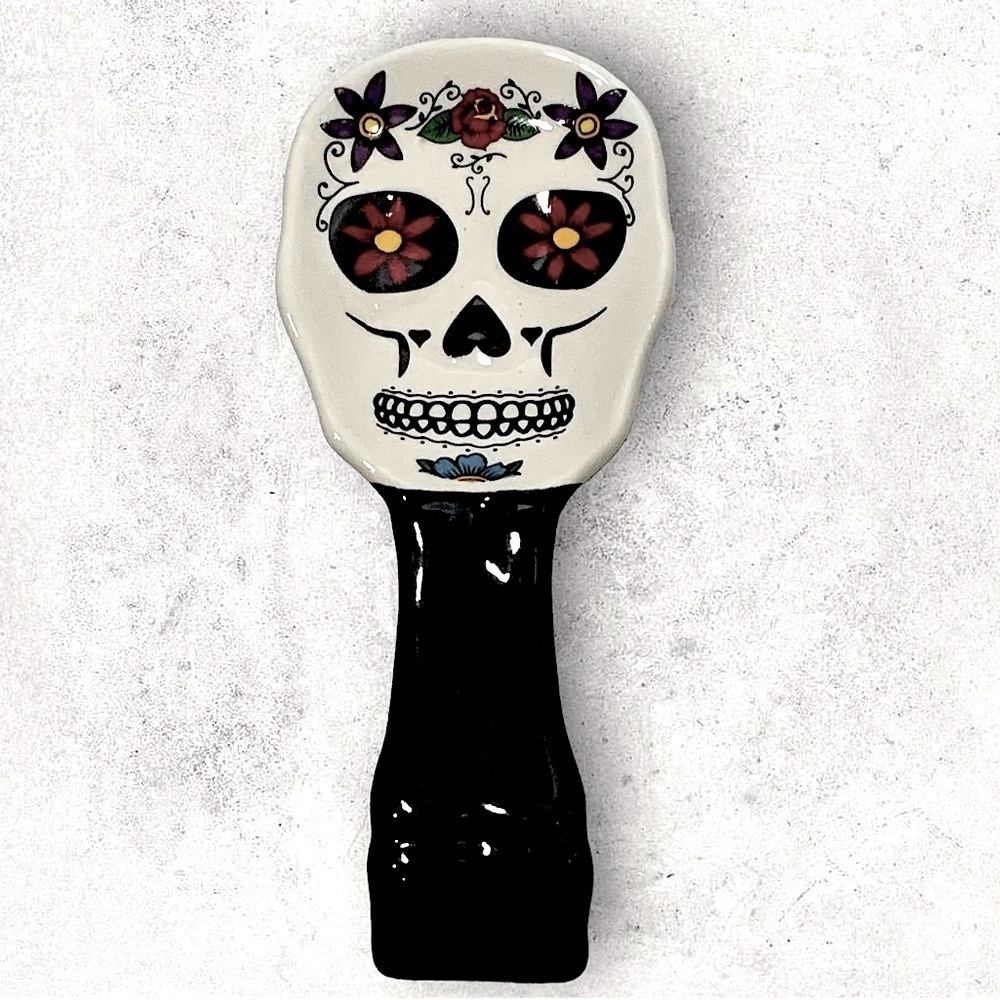 Sugar Skull Spoon Rest Ceramic Hand Painted Unique Day of the Dead White Black